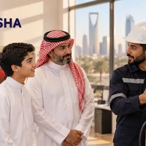 طالب سعودي وولي أمره يتحدثان مع مدرب عن برنامج السلامة الهندسية للحريق في الرياض