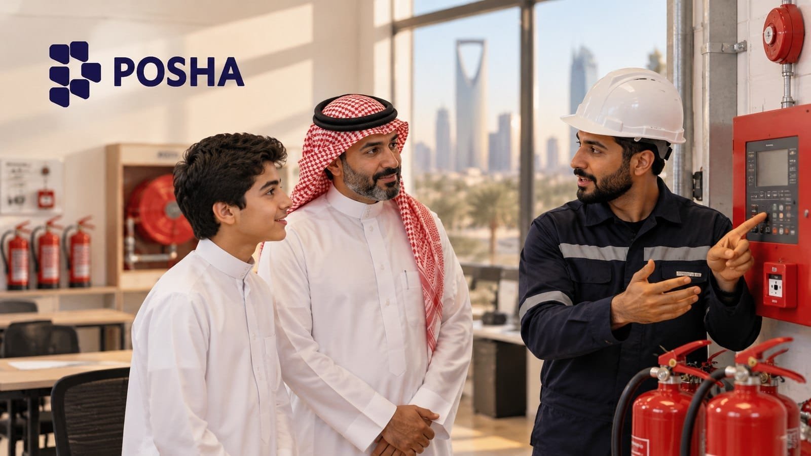 طالب سعودي وولي أمره يتحدثان مع مدرب عن برنامج السلامة الهندسية للحريق في الرياض