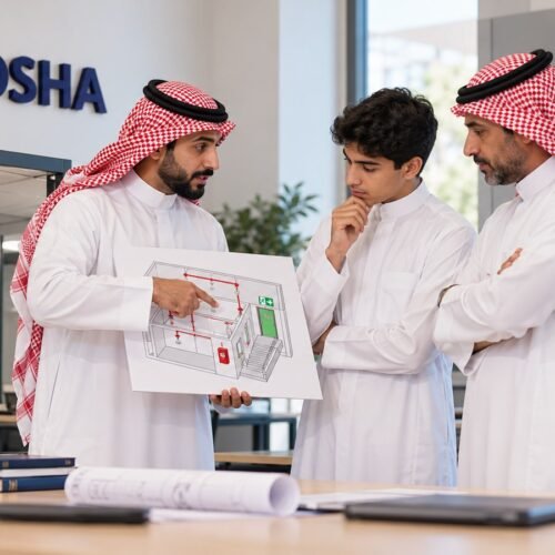 طالب سعودي وولي أمره يناقشان الوقاية من الحريق والاستجابة للطوارئ في برنامج السلامة الهندسية مع مدرب