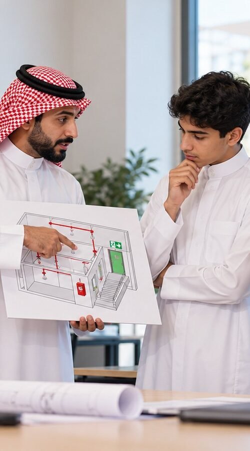 طالب سعودي وولي أمره يناقشان الوقاية من الحريق والاستجابة للطوارئ في برنامج السلامة الهندسية مع مدرب
