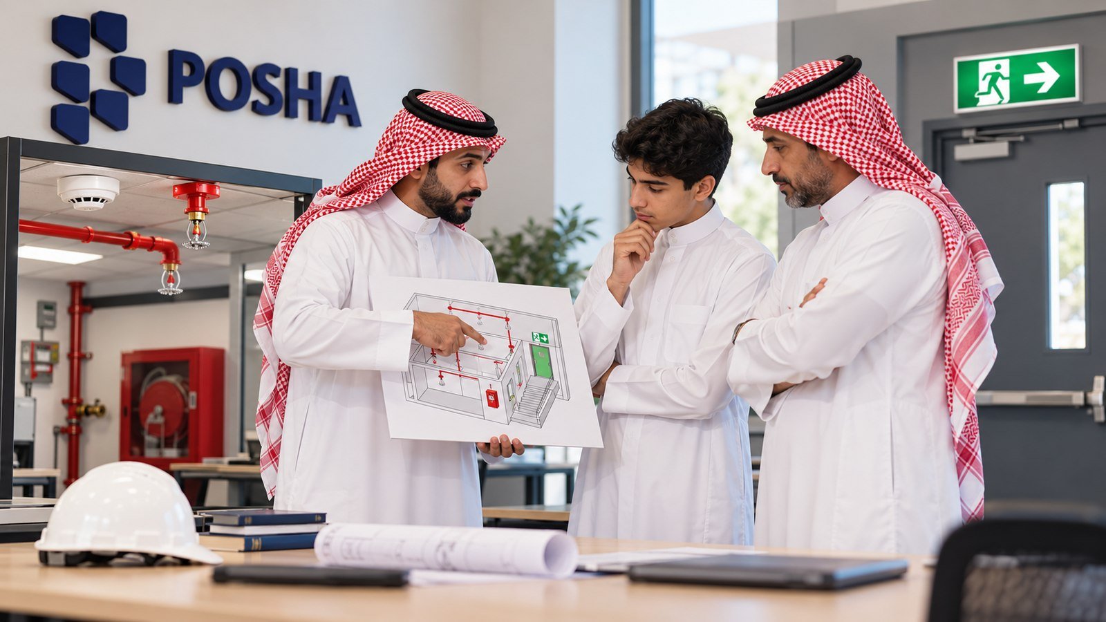 طالب سعودي وولي أمره يناقشان الوقاية من الحريق والاستجابة للطوارئ في برنامج السلامة الهندسية مع مدرب