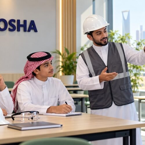 طالب سعودي ووالده يناقشان تسلسل التحكم بالمخاطر مع مدرب سلامة في قاعة تدريب