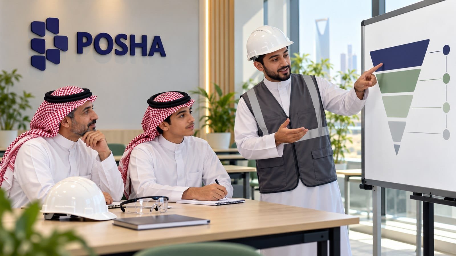 طالب سعودي ووالده يناقشان تسلسل التحكم بالمخاطر مع مدرب سلامة في قاعة تدريب