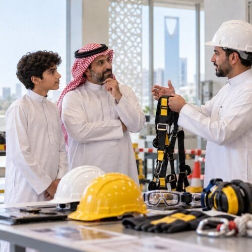 طالب سعودي وولي أمره يسألان مدربًا عن التطبيق العملي في دبلوم السلامة والصحة المهنية بالرياض