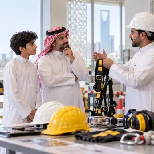 طالب سعودي وولي أمره يسألان مدربًا عن التطبيق العملي في دبلوم السلامة والصحة المهنية بالرياض