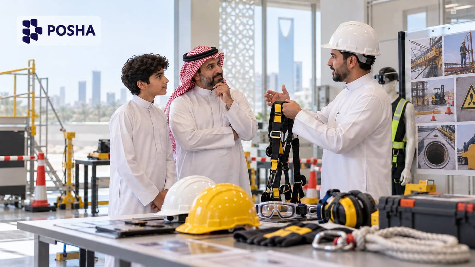 طالب سعودي وولي أمره يسألان مدربًا عن التطبيق العملي في دبلوم السلامة والصحة المهنية بالرياض