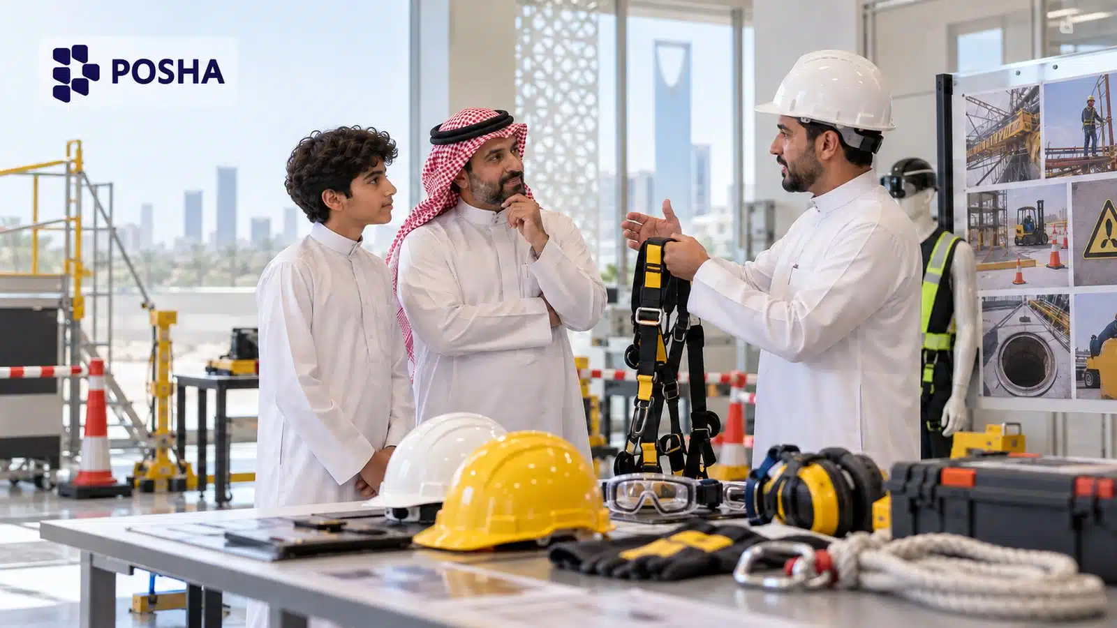 طالب سعودي وولي أمره يسألان مدربًا عن التطبيق العملي في دبلوم السلامة والصحة المهنية بالرياض