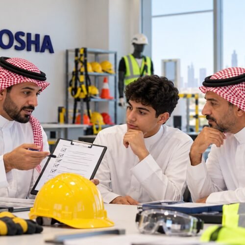 طالب سعودي وولي أمره يناقشان الاستعداد لدراسة دبلوم السلامة والصحة المهنية بالرياض مع مدرب