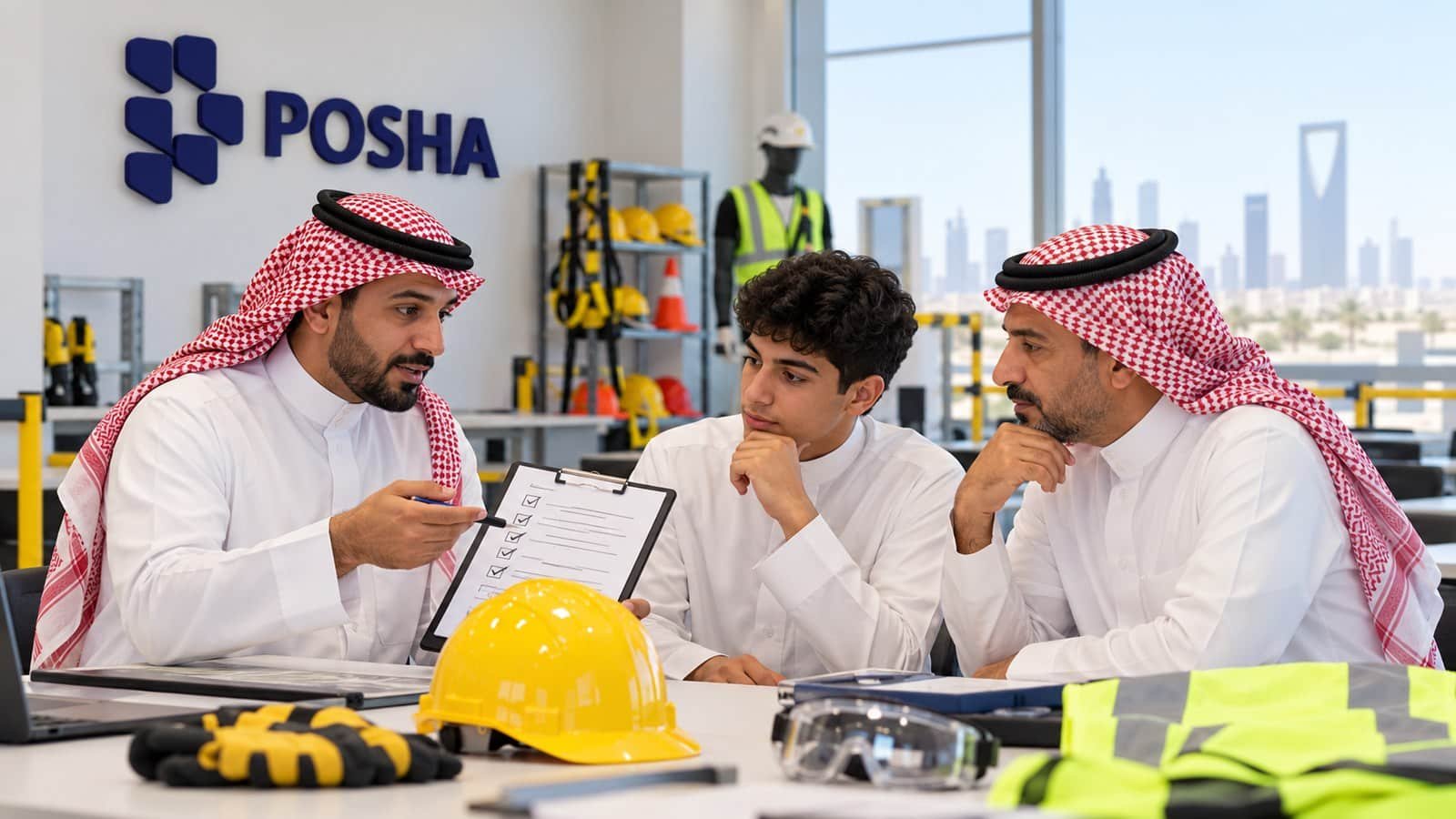 طالب سعودي وولي أمره يناقشان الاستعداد لدراسة دبلوم السلامة والصحة المهنية بالرياض مع مدرب