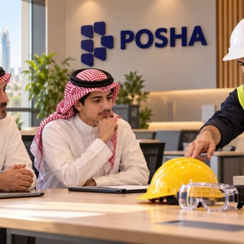 طالب سعودي ووالده يتعرفان على تحديد الخطر وتقييم المخاطر مع مدرب السلامة في أكاديمية بوشا