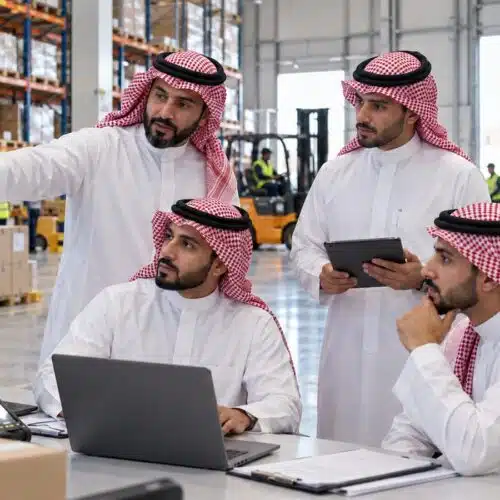 مدرب ومتدربون سعوديون يراجعون خريطة مسار شحنة في مستودع حديث