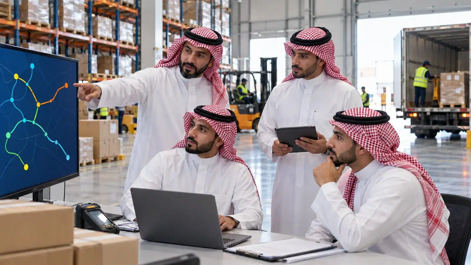 مدرب ومتدربون سعوديون يراجعون خريطة مسار شحنة في مستودع حديث