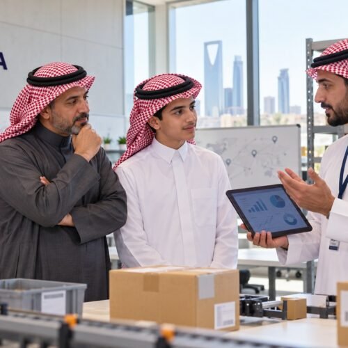 طالب سعودي وولي أمره يناقشان التطبيق العملي في دبلوم إدارة سلاسل الإمداد بالرياض مع مدرب
