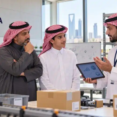طالب سعودي وولي أمره يناقشان التطبيق العملي في دبلوم إدارة سلاسل الإمداد بالرياض مع مدرب