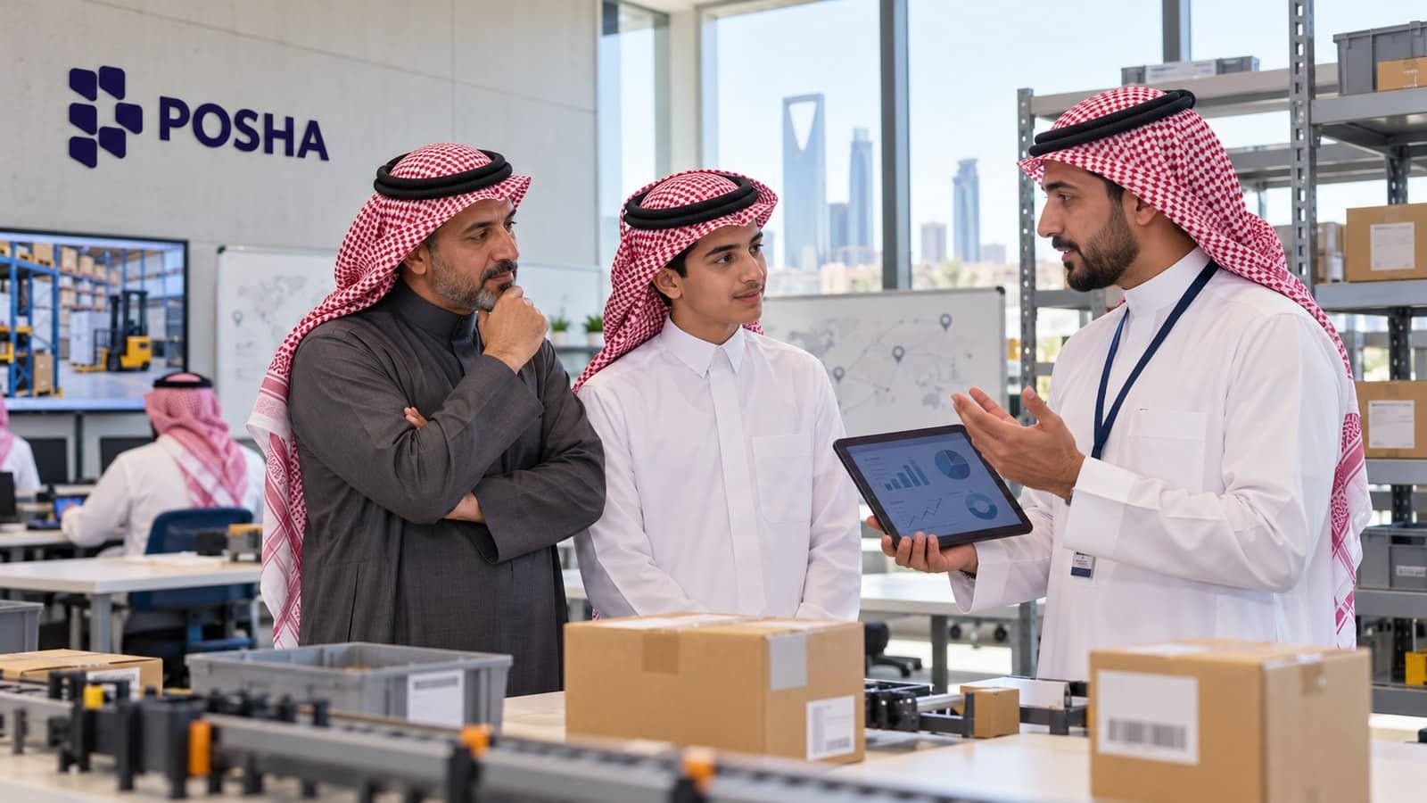 طالب سعودي وولي أمره يناقشان التطبيق العملي في دبلوم إدارة سلاسل الإمداد بالرياض مع مدرب