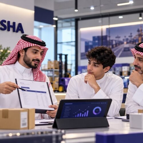 طالب سعودي وولي أمره يناقشان الفرق بين المشتريات والمخزون في دبلوم سلاسل الإمداد مع مدرب