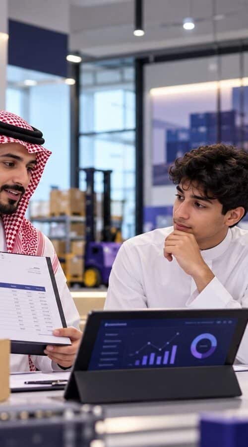 طالب سعودي وولي أمره يناقشان الفرق بين المشتريات والمخزون في دبلوم سلاسل الإمداد مع مدرب