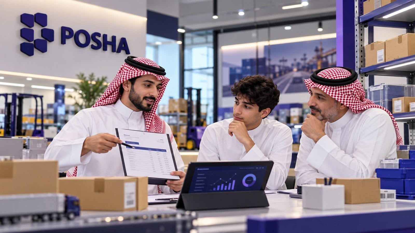 طالب سعودي وولي أمره يناقشان الفرق بين المشتريات والمخزون في دبلوم سلاسل الإمداد مع مدرب