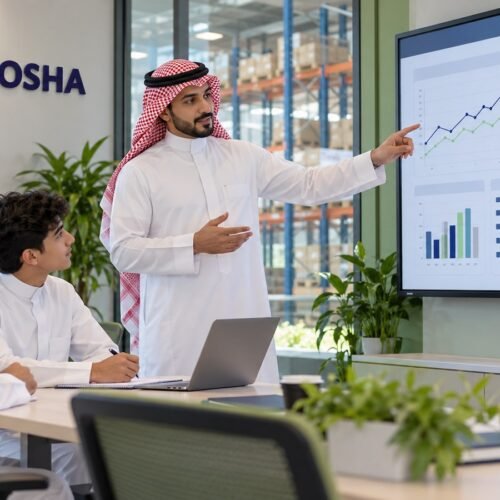 طالب سعودي ووالده يتابعان شرح أنظمة ERP وWMS وTMS في سلاسل الإمداد داخل قاعة تدريب