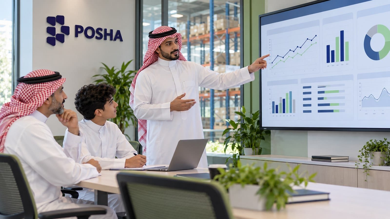 طالب سعودي ووالده يتابعان شرح أنظمة ERP وWMS وTMS في سلاسل الإمداد داخل قاعة تدريب