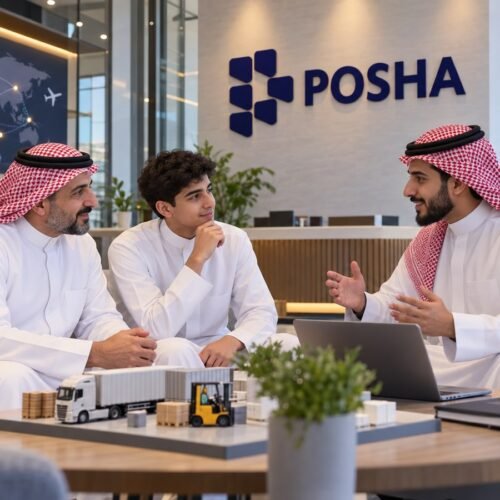 طالب سعودي ووالده يناقشان الفرق بين سلاسل الإمداد والخدمات اللوجستية مع مرشد أكاديمية بوشا