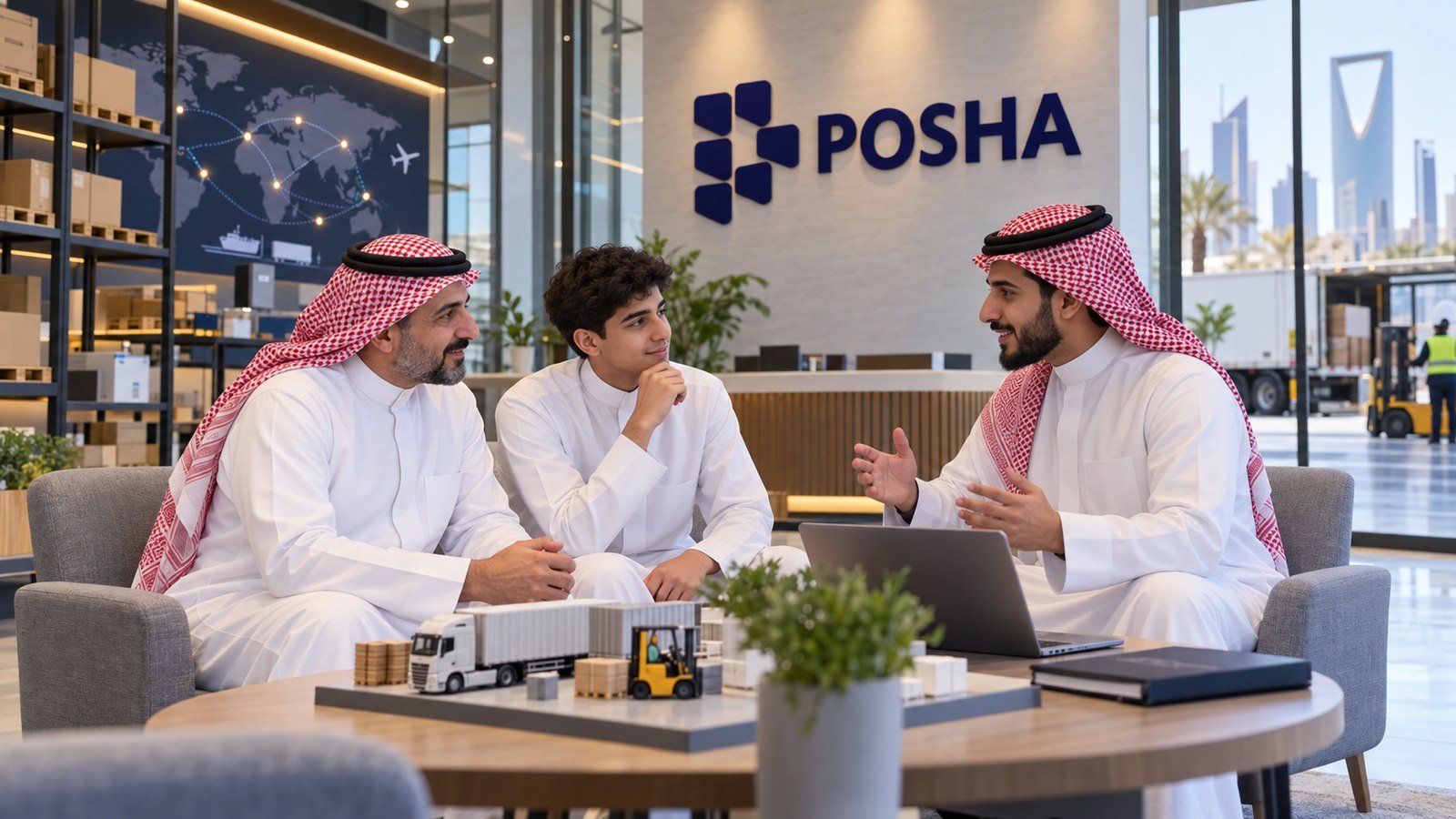 طالب سعودي ووالده يناقشان الفرق بين سلاسل الإمداد والخدمات اللوجستية مع مرشد أكاديمية بوشا