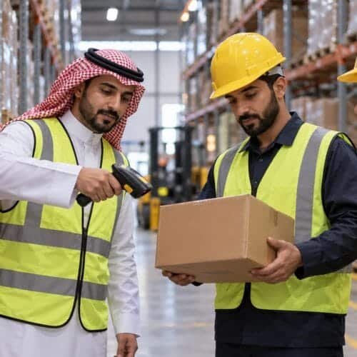مدرب سعودي ومتدربان يراجعون رمز صندوق ملتقط وماسحًا يدويًا بين رفوف مستودع منظم