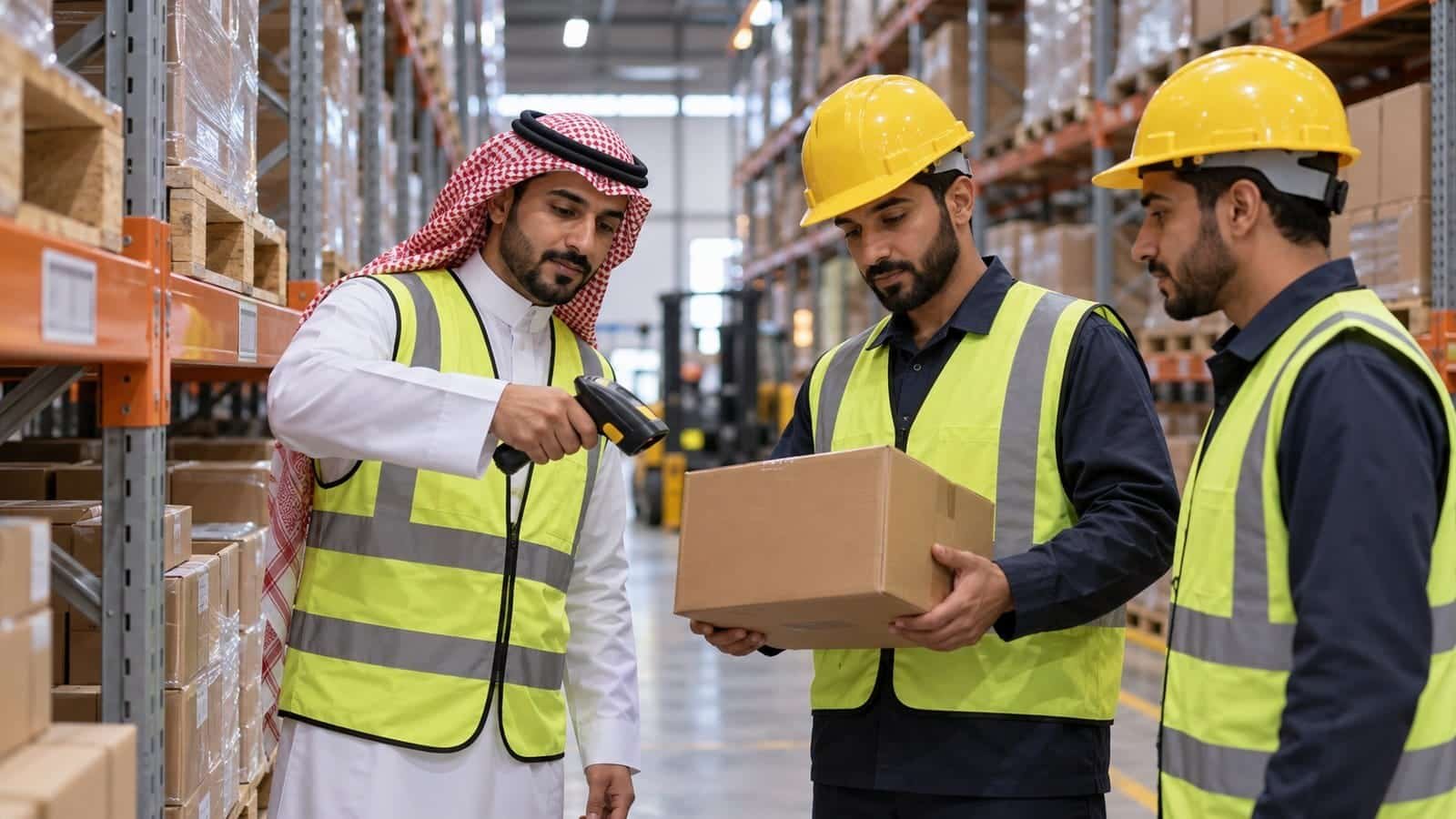 مدرب سعودي ومتدربان يراجعون رمز صندوق ملتقط وماسحًا يدويًا بين رفوف مستودع منظم